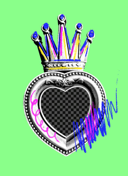 istock Photo frame in the shape of a heart and a crown. Halftone effect. Naive scribbles with crayon, chalk or marker. Vector illustration of a carved rectangular frame in retro collage style. 2160008479