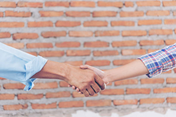 Two Black women shake hands outdoors, nature handshake, deal for environment. High quality photo