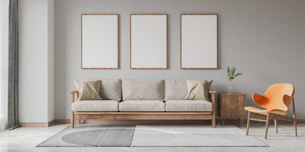 istock mock up poster frame in interior background, living room. 3D render, 3D illustration 2160013712