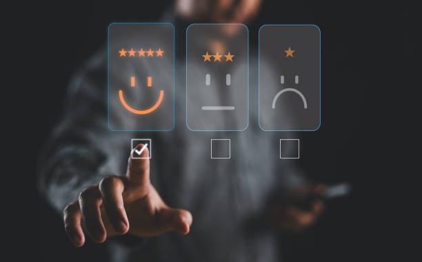 istock Customer service evaluation concept. Businessman pressing face smile emoticon and five star show on virtual screen. 2160015122