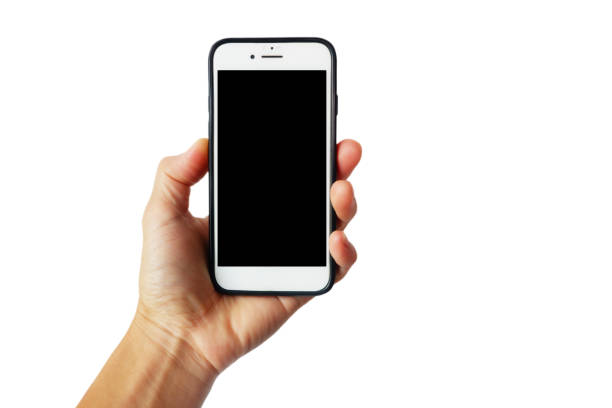 Man's hand holding a smartphone shown on a white background.