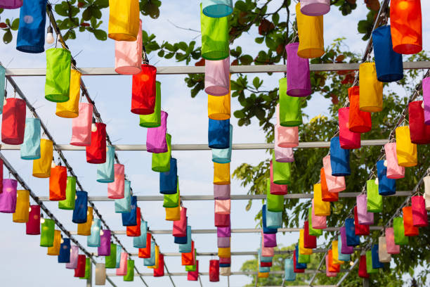 Several colorful lanterns hang against the daytime sky background.