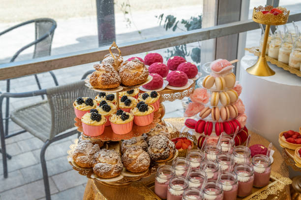 istock Empty Wedding Reception Hall With Dessert Table and Treats 2160030524