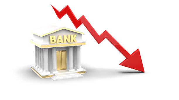 istock Bank model falling 4K. Financial institute fail. 2160030890
