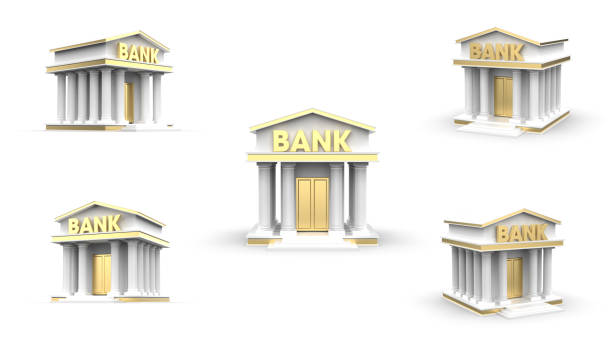High quality 3d render of a bank icon isolated on white background. Horizontal composition with copy space. Clipping path is included.