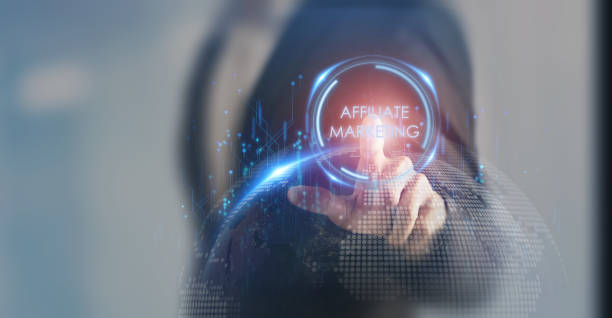 Affiliate marketing, online business model concept. Creating relationships strategy between merchants, affiliates and customers. Generated revenue by rewarding affiliates for referring customers.