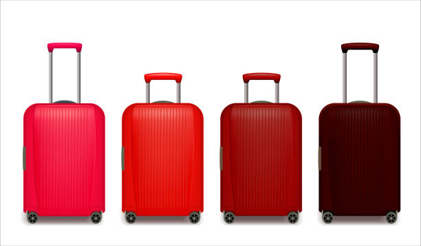 istock Set of Realistic red wheeled travel bags with hand. 2160038325