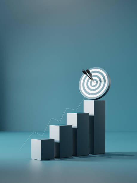 woods block step target on the top of wooden cube blocks. Shining rise up arrow shoot up towards the goal, business growth process. stock photo