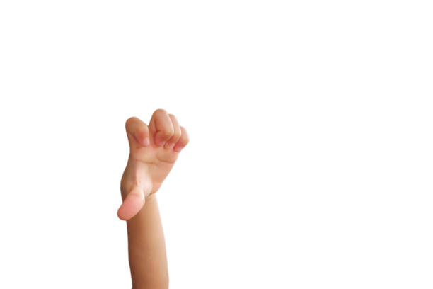 Asian boy's hands making gestures on white background