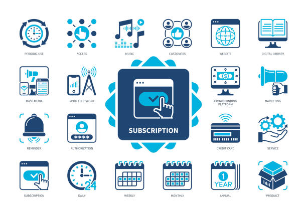 stockillustraties, clipart, cartoons en iconen met subscription solid icon set - abonnement