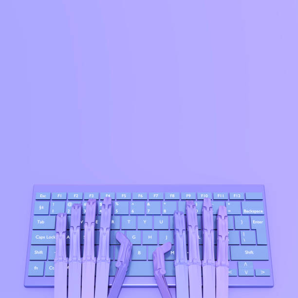 istock Cartoon style Hands of ai robot typing on keypad. Robotic cyborg hand using keyboard computer. Realistic illustration. Top view. 3d render 2160049921