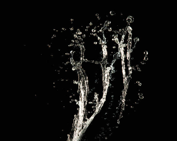 istock Crown water to object make curve drop explosion in ripple motion. Black background isolated. Crown Water splash on object to create shape form fluttering in droplet and wave. 2160050642