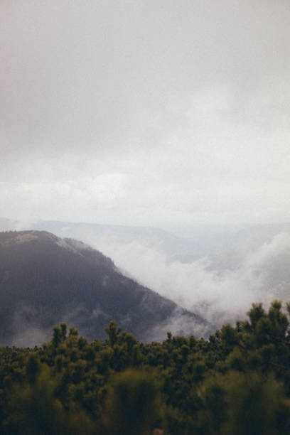 A view of a mountain range after the rain with clouds