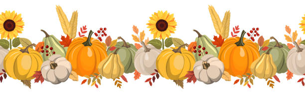 Color pumpkins and autumn leaves horizontal seamless background. Vector harvest illustration. Cute autumn color pumpkins, berries, and leaves horizontal seamless pattern. Isolated on white background. Seasonal fall banner design for greeting or promotion. orange sunflower stock illustrations