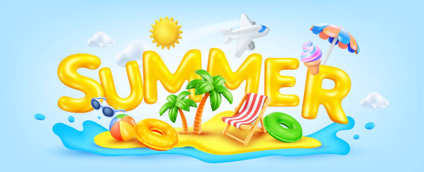 istock Vector summer illustration of word summer with beach chair and palm tree on sea beach background with umbrella and air plane. 3d style cartoon design of summer holidays. Time to vacation travel with sun and ice cream 2160056577