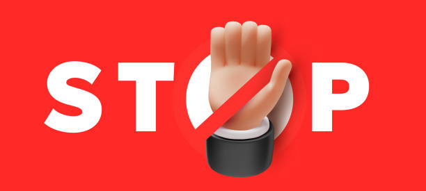 istock Vector prohibition illustration of word stop and hand raised up gesture on red color background. 3d style design of man white skin hand and prohibition sign crossed out circle 2160056711