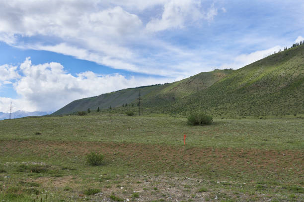Dramatic Kurai Steppe landscape in the Altai Republic, Russia, with sunlit rolling slopes leading toward dark mountain peaks beneath heavy storm clouds. Strong light-and-shadow pattern and open sky provide copy space for travel, wilderness, and weather concepts.