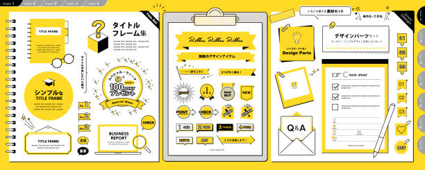 ilustraciones, imágenes clip art, dibujos animados e iconos de stock de marco de título simple y elegante y un conjunto de varios diseños para la decoración - clip artículo de papelería