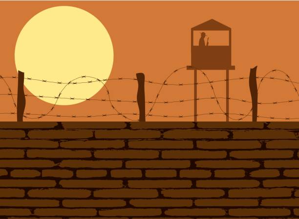 Prison Wall with Guard Tower Silhouette Military seclusion and restricted areas concept vector prison watch tower stock illustrations