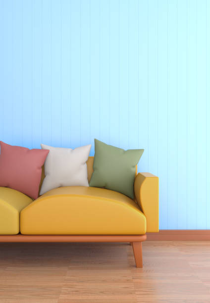 istock Creative minimal room idea. Concept yellow sofa with blue background 2160062371
