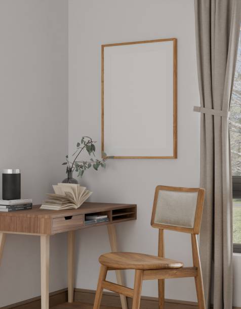 istock Interior home work desk mockup poster wood frame in empty picture, element interior vertical, on the wall. in illustration 3d render 2160067111