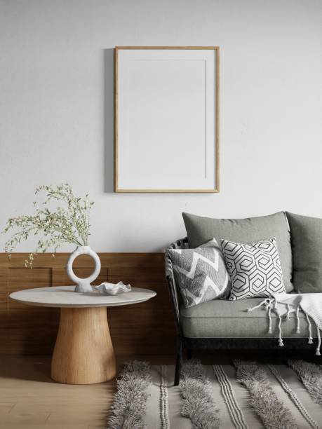 istock Interior mockup poster wood frame in empty picture living room, front view element interior vertical, on the wall. in illustration 3d render 2160067112