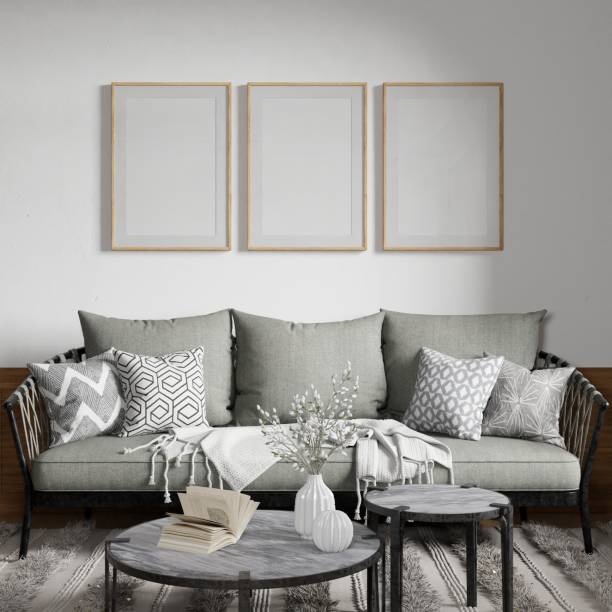 istock Interior mockup poster wood three frame in empty picture living room, element interior vertical, on the wall. in illustration 3d render 2160067113