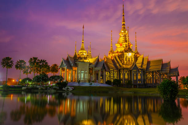 istock The beautiful temple made from marble and cement in sunset time with water reflection at Sikhio landmark Nakhon ratchasima, thailand 2160068027