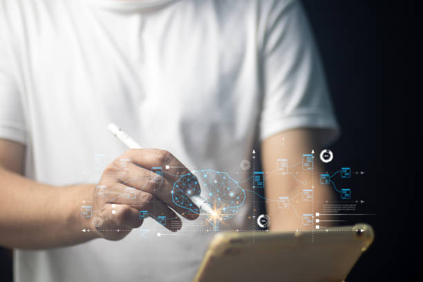 istock Businessman and robot touching AI digital screen. Concept icon: artificial intelligence, innovative technology, future, internet network communication. Financial graph. 2160068826