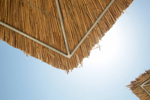 istock Tropical beach scenery with straw parasol against clear blue sky 2160071451