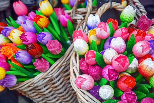 Colorful souvenir wooden tulips for sale in the Netherlands flower market