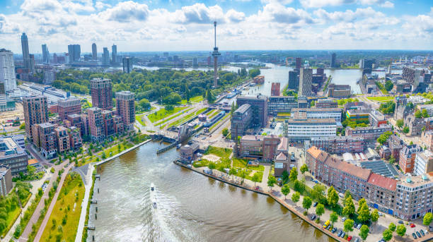 Skyline of Rotterdam with high Euromast tower and Erasmus cable-stayed bridge, Netherland