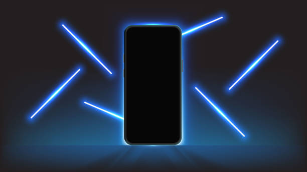 istock Glowing Neon light Smartphone with Floating Lamps and Beams. Illuminating Mobile Designs for Banners, Wallpapers, Luxury Vouchers. Vector. 2160076874