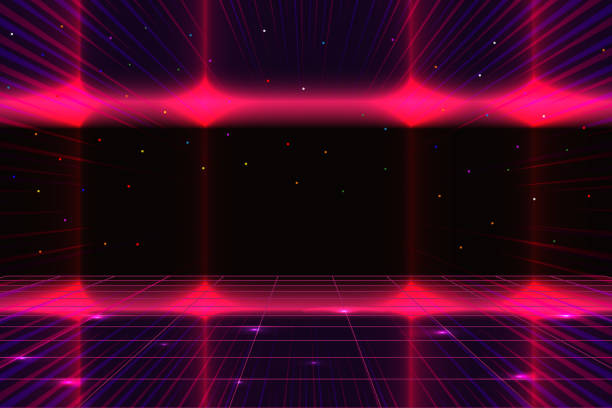 istock Retro Futurism Sci-Fi Background. glowing neon grid. and stars from vintage arcade computer games 2160077109