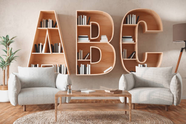 istock Alphabet Bookshelf Concept with A B C Letters on Cozy Room's Wall 2160077111