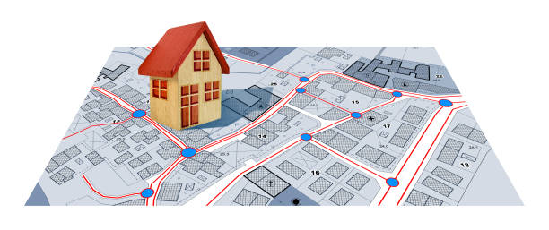 istock Layout of facilities and services systems, plant engineering located below street level - Concept with imaginary cadastral map and home model 2160078054