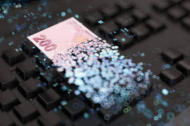 Online Digital Money Transfer Concept with Turkish Lira and Computer Keyboard. 3D Render