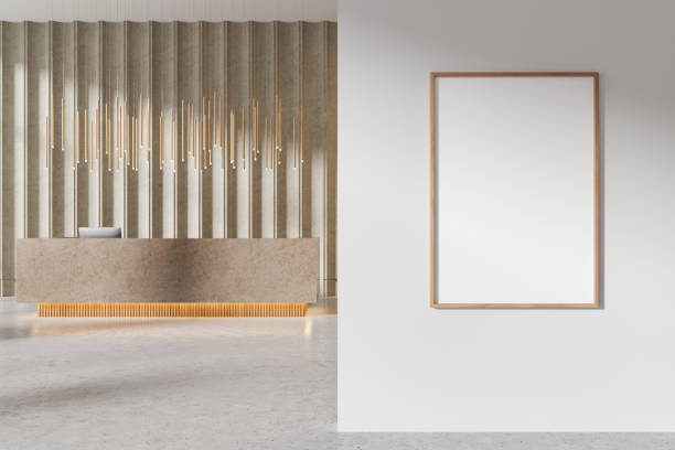 istock Modern reception with a large framed poster mockup in a minimalist setting, beige wall panels, light background, perfect for design presentations.  3D Rendering 2160079324