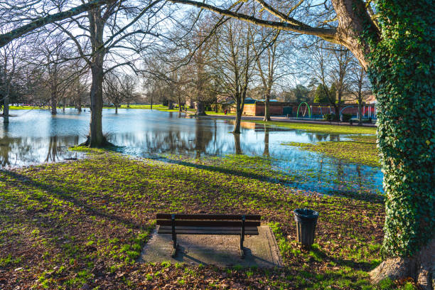 Park are flooded by the Thames river in Marlow, UK