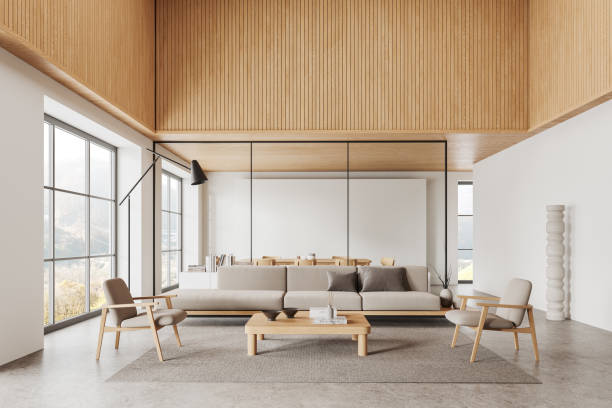 istock Beige home living room interior with relaxing and eating zone, panoramic window 2160080527
