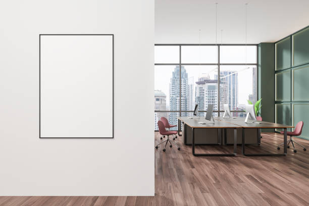 istock Office business room interior coworking and panoramic window. Mockup frame 2160081074