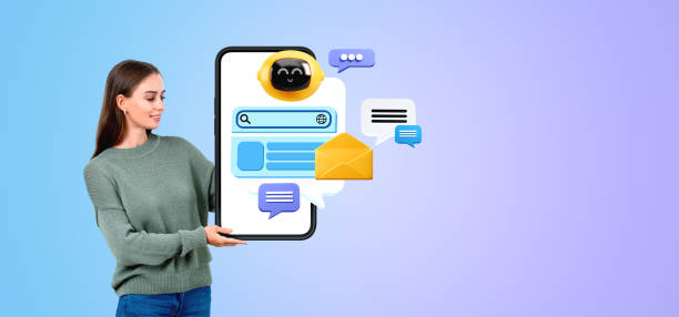 istock Young woman holding smartphone and chat bot, technology and communication 2160081600