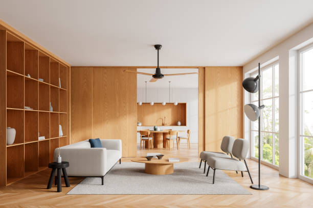 istock Wooden home interior with relaxing and dining space, panoramic window 2160081679