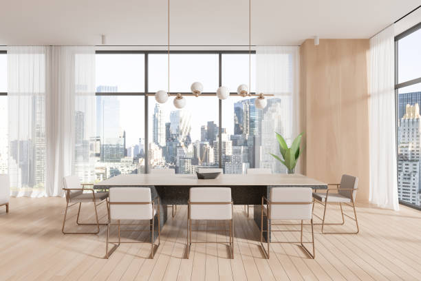 istock Wooden home kitchen interior with dining table and chairs, panoramic window 2160081840