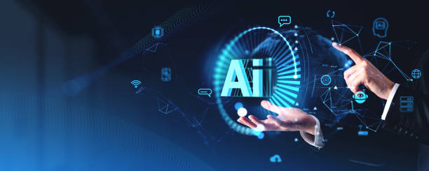 istock Man finger touch AI hologram and virtual assistant icons, bot communication 2160081973