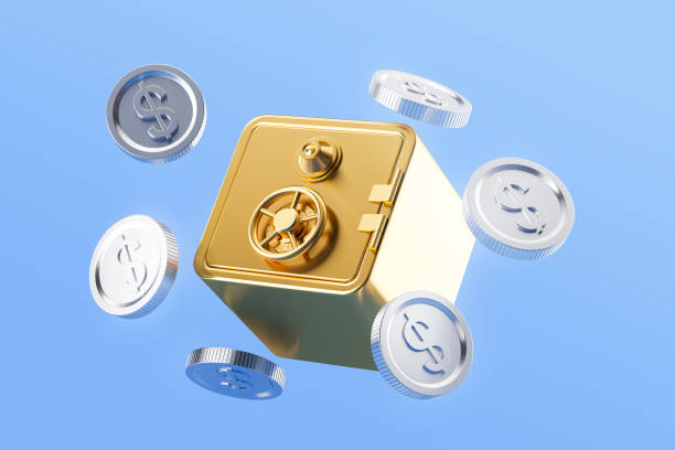 istock Gold bank safe vault with falling silver coins on colored background 2160082238