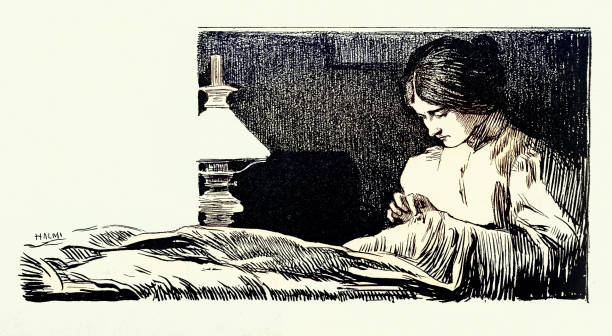Vintage illustration, Semesters end, Young stiching clothng at night by lamp light, Art Nouveau, Jugendstil , Germany, 1890s 19th Century, Artúr Lajos Halmi