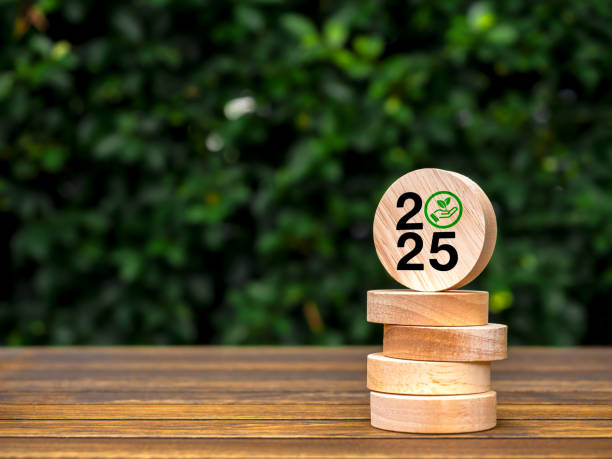 istock 2025 year number with environment care icon on round wood block stack on wooden table on green leaves background with copy space. Business goal and success, green sustainable development concepts. 2160085192