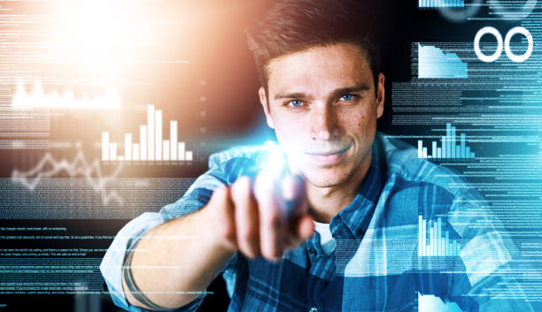 istock Programmer or engineer working with CGI graphic of data, graphs and charts. Portrait face of an information technology software designer showing business marketing growth, development and innovation 2160085336
