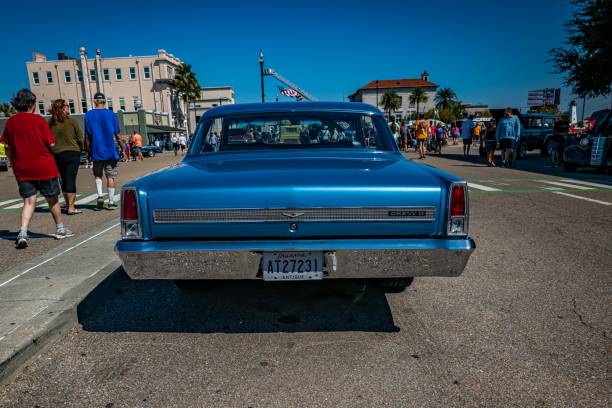 Gulfport, MS - October 01, 2023: High perspective rear view of a 1967 Chevrolet Chevy II Nova Coupe at a local car show.